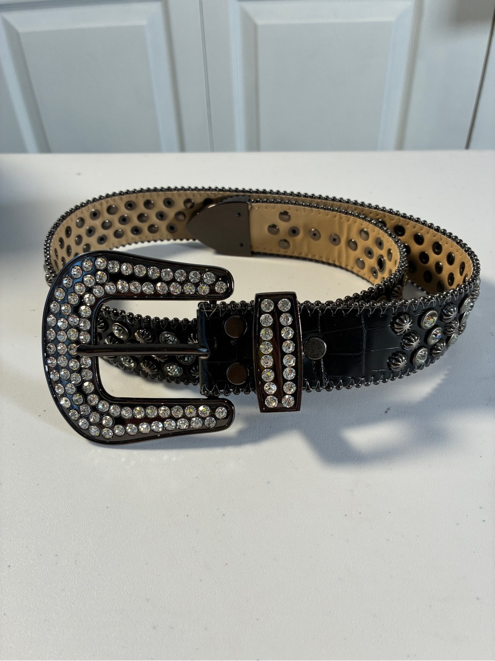B.B. Simon Deniro Swarovski Crystal Black Leather Belt Size 34